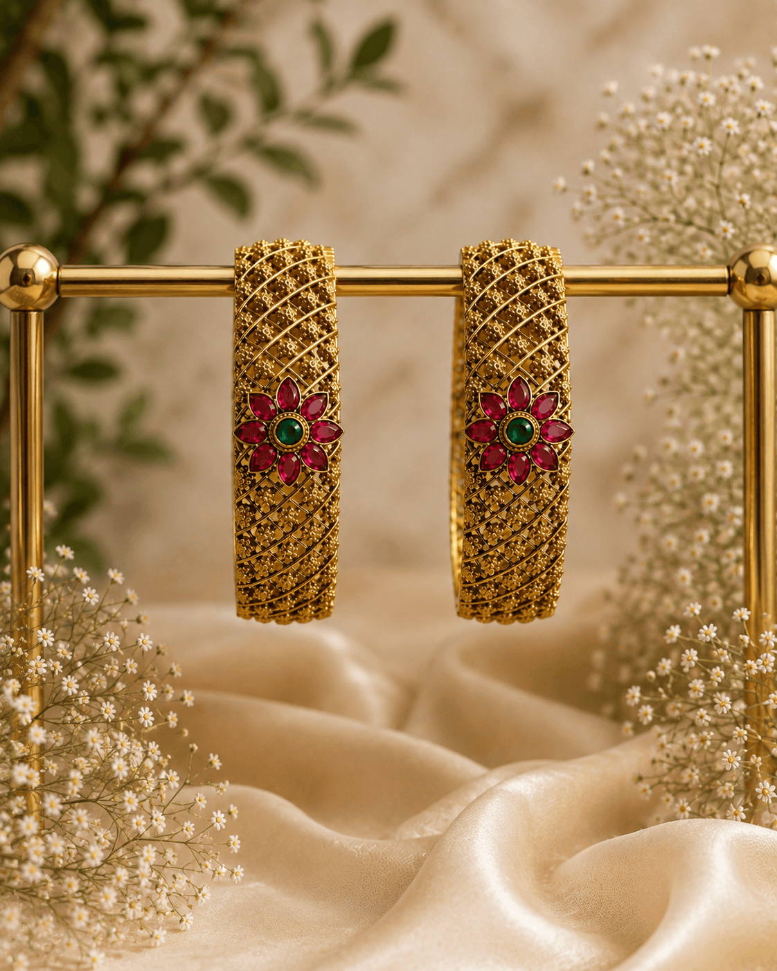 Pair of antique gold bangles with pink & green floral center stones, lattice hoop cuffs
