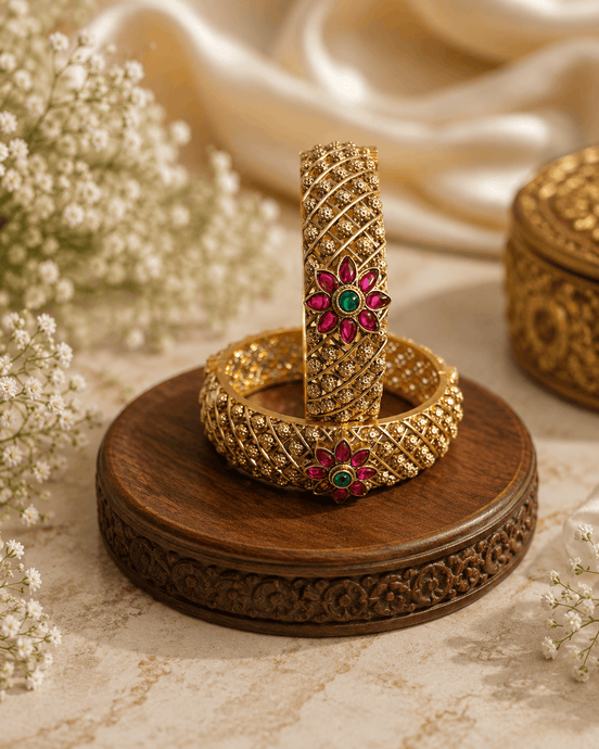 Antique gold bangles with pink & green floral stones, wide lattice cuff