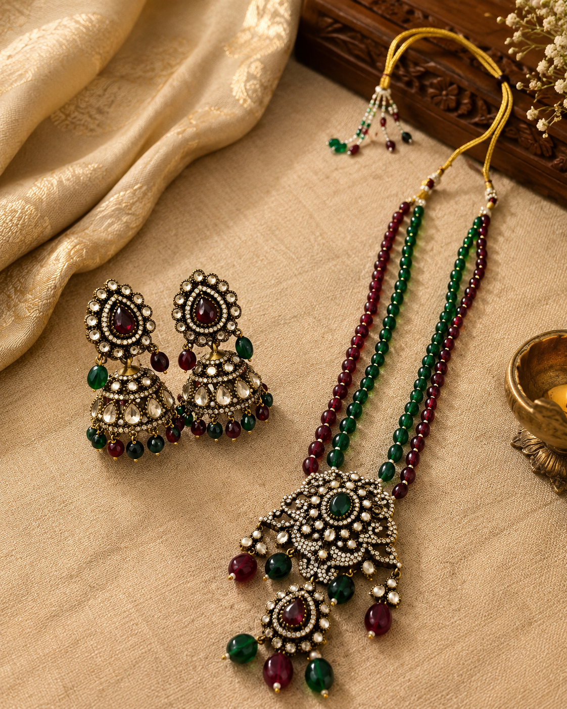 Beaded long necklace and round gemstone chandelier earrings, brass-tone set