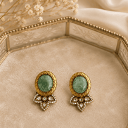 Green oval stud earrings with gold bezel and crystal teardrop chandelier charms