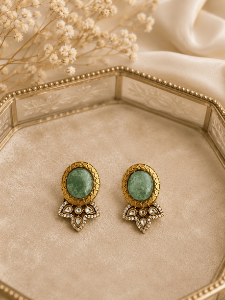 Green oval stud earrings with gold bezel and crystal teardrop chandelier charms