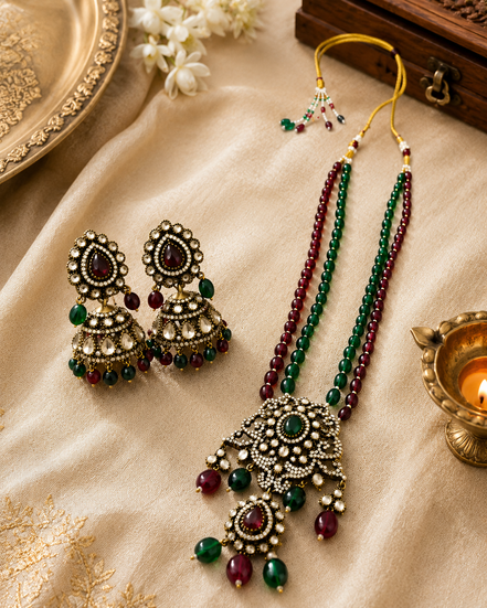 Brass-tone beaded long necklace with green and maroon chandelier drop earrings