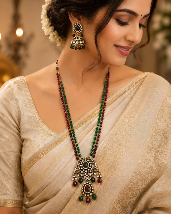 Long green and maroon bead necklace with matching chandelier earrings