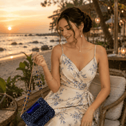 Blue beaded mini bag clutch with gold chain and beaded drop strap