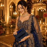 Blue beaded mini bag clutch with gold chain and shimmering beadwork