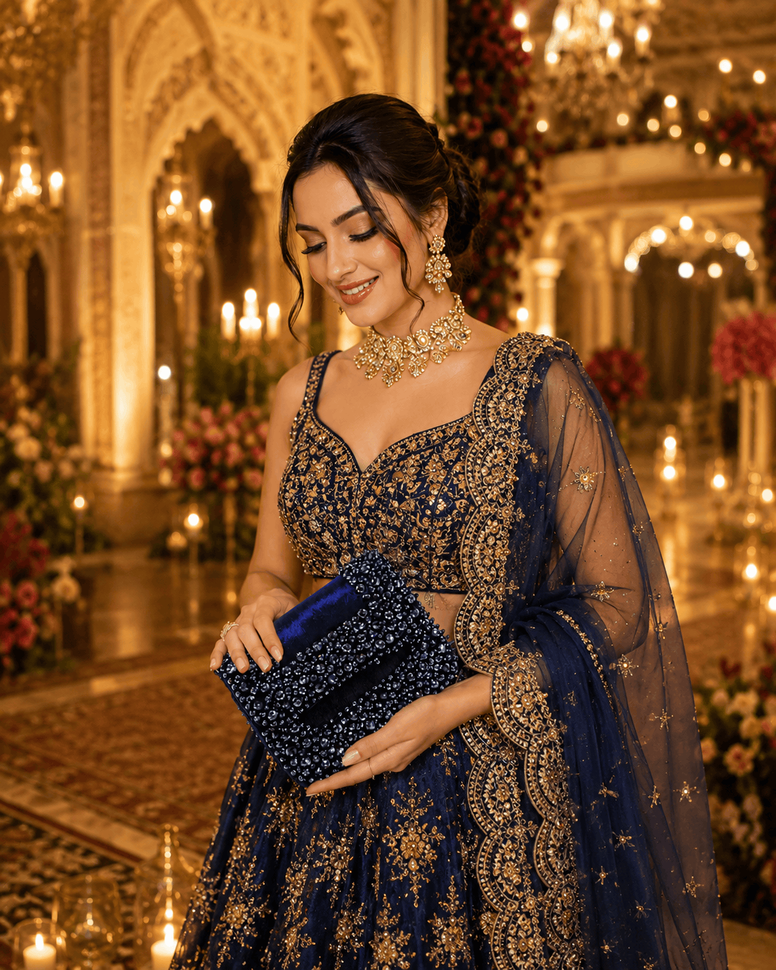 Blue beaded mini bag clutch with gold chain and shimmering beadwork