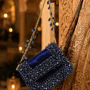 Blue beaded mini bag clutch with gold chain and dangling bead tassel