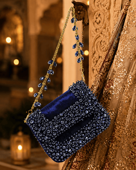 Blue beaded mini bag clutch with gold chain and dangling bead tassel
