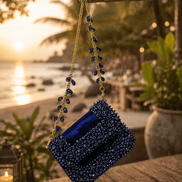 Blue beaded mini bag clutch with gold chain and dangling bead strap