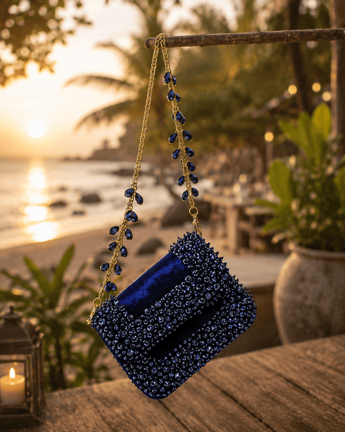 Blue beaded mini bag clutch with gold chain and dangling bead strap