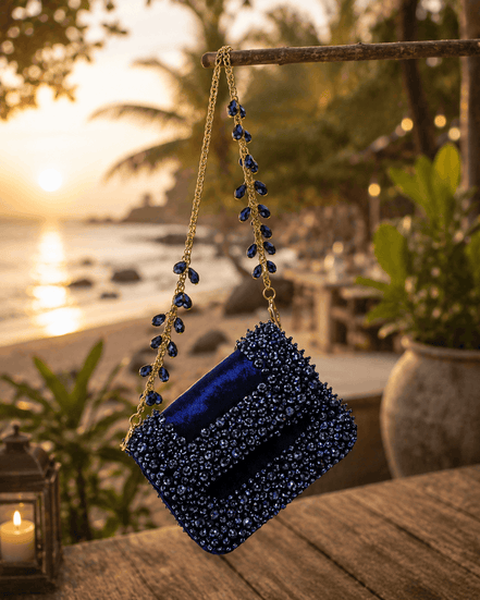 Blue beaded mini bag clutch with gold chain and dangling bead strap