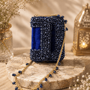 Blue beaded mini bag clutch with gold chain and beaded shoulder strap