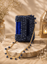 Blue beaded mini bag clutch with gold chain and beaded shoulder strap