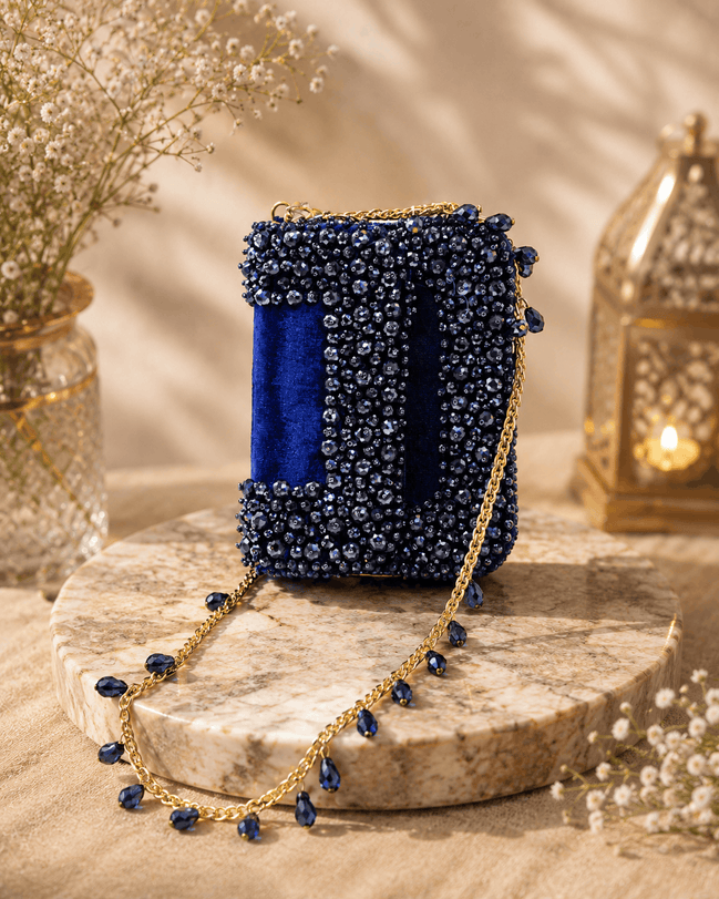 Blue beaded mini bag clutch with gold chain and beaded shoulder strap
