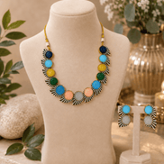 Multicolor beaded stone necklace set with round blue/green/yellow stones and stud earrings