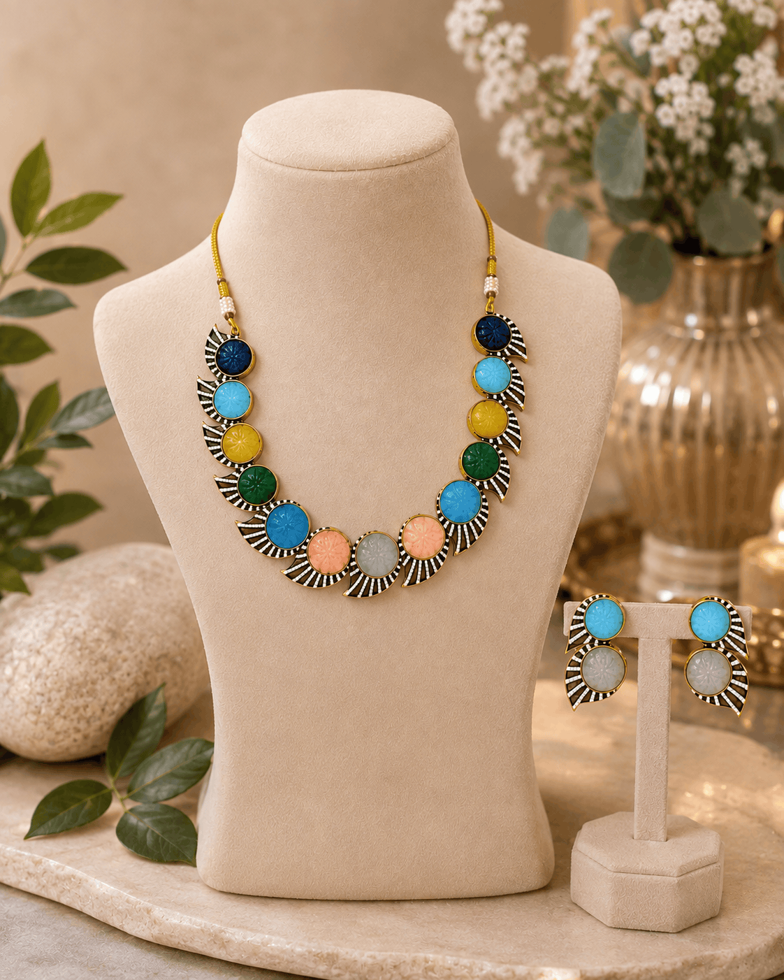 Multicolor beaded stone necklace set with round blue/green/yellow stones and stud earrings