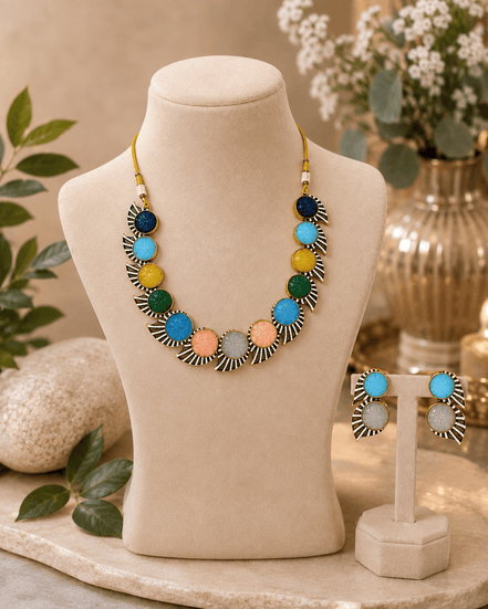 Multicolor beaded stone necklace set with round blue/green/yellow stones and stud earrings