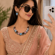Multicolor beaded stone necklace set with matching earrings, peach outfit