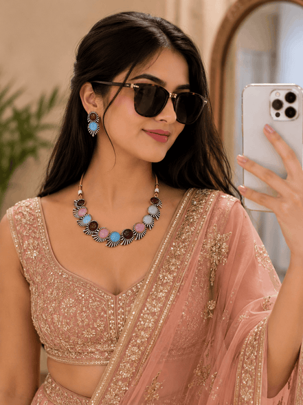 Multicolor beaded stone necklace set with matching earrings, peach outfit