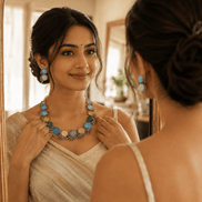 Multicolor beaded stone necklace and matching drop earrings on a model