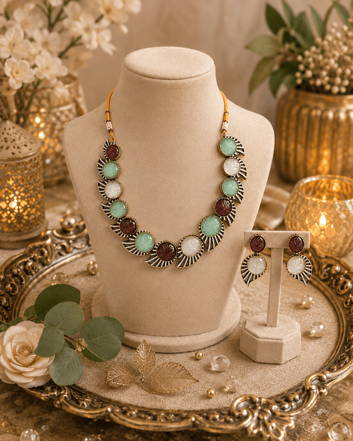 Multicolor stone necklace set on a bust with matching earrings