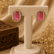Ishira rose pink crystal stud earrings with gold-tone halo