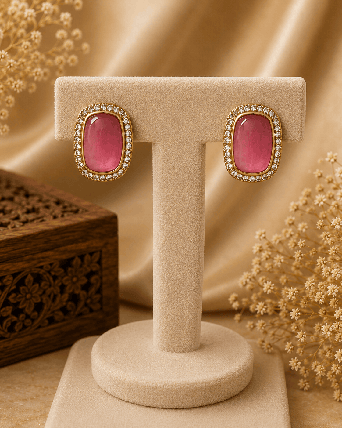 Ishira rose pink crystal stud earrings with gold-tone halo