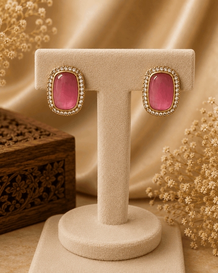 Ishira rose pink crystal stud earrings with gold-tone halo