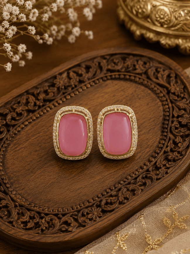 Ishira crystal stud earrings with rose pink rectangular stones