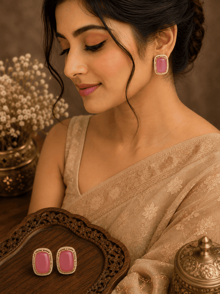 Ishira rose pink crystal stud earrings with gold-tone halo