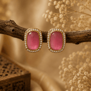 Ishira rose pink crystal stud earrings with gold-toned double halo setting