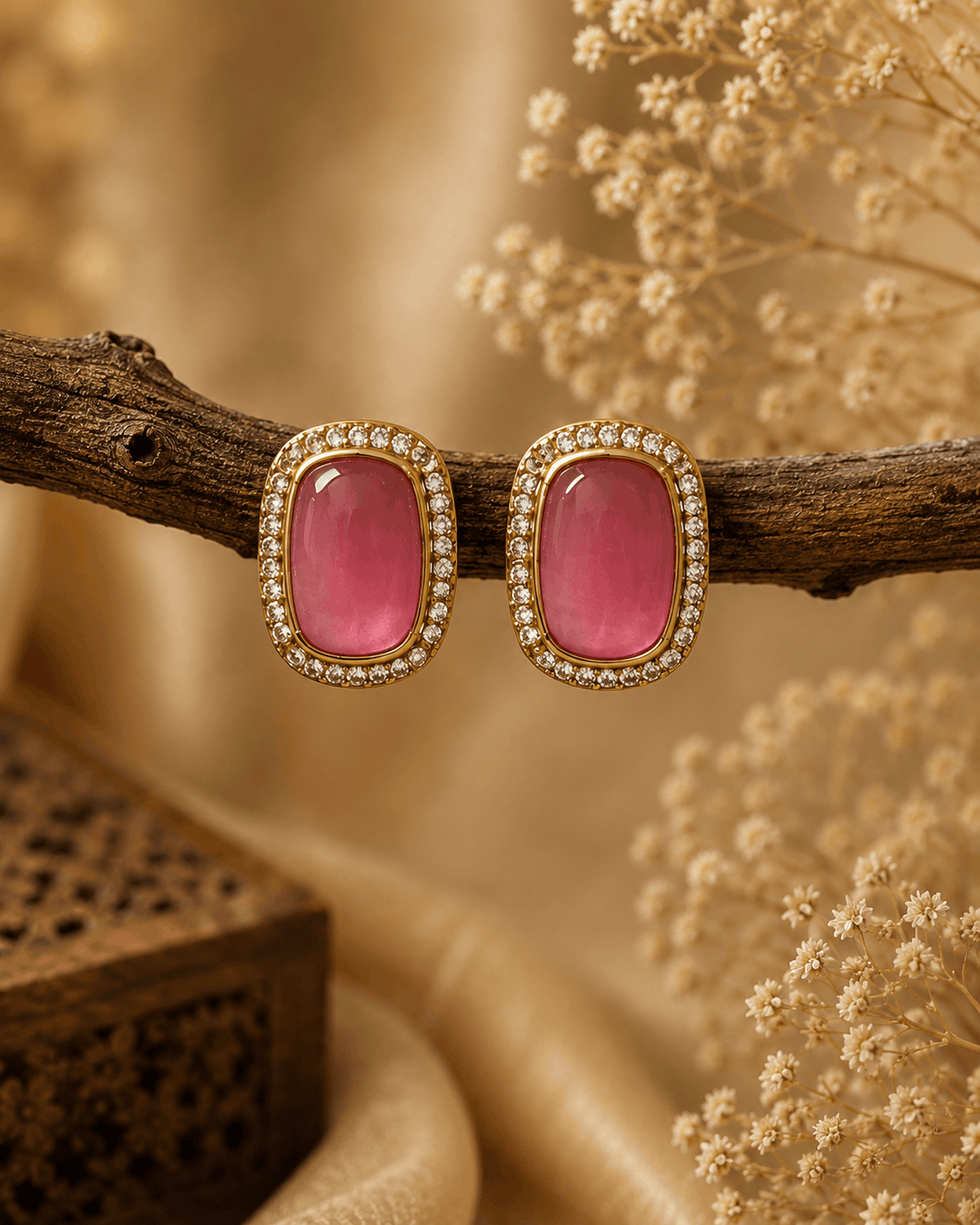 Ishira rose pink crystal stud earrings with gold-toned double halo setting