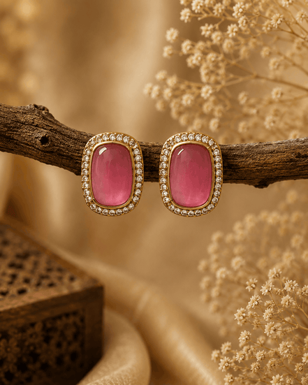 Ishira rose pink crystal stud earrings with gold-toned double halo setting