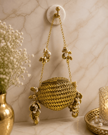 Kaira shell bag in gold with beaded chain and shell charm tassels