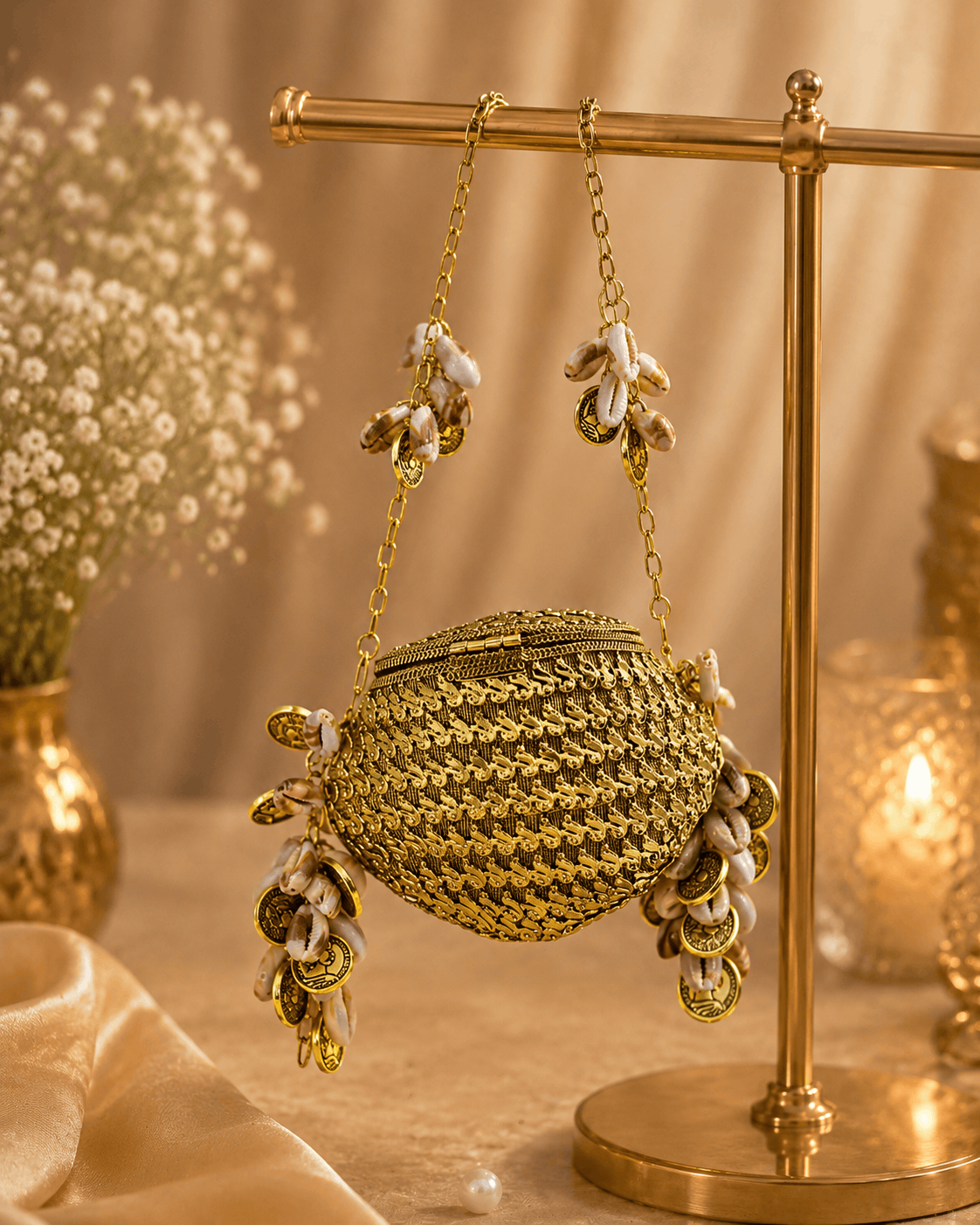 Kaira shell bag, gold woven round design with hanging shell charm drops