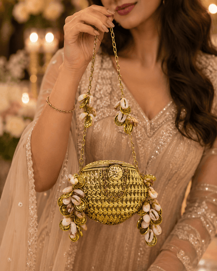 Kaira shell bag in gold with chain strap and shell charm tassels