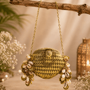 Kaira shell bag, gold round woven purse with shell fringe and ornate clasp