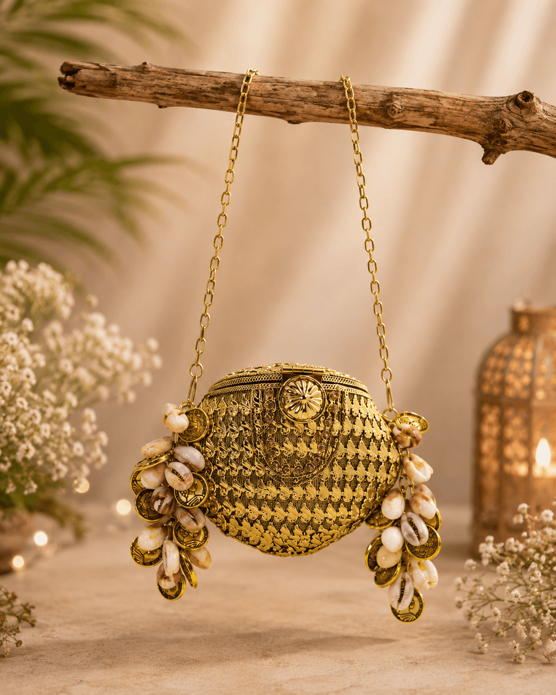 Kaira shell bag, gold round woven purse with shell fringe and ornate clasp