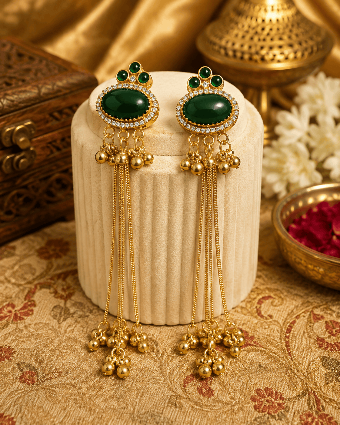 Gold tassel earrings with oval green stones, green enamel accents, and long beaded drops
