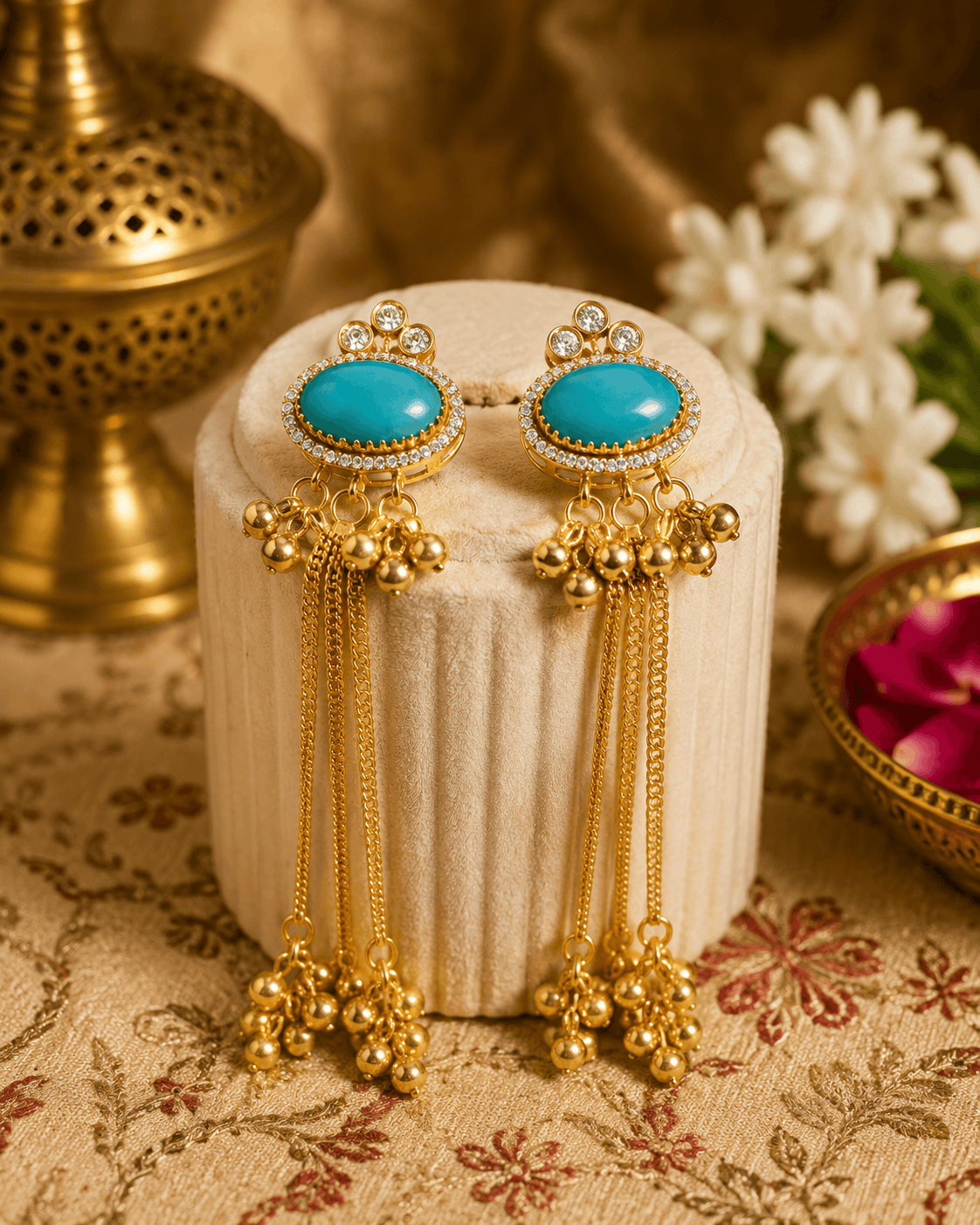 Gold tassel earrings with oval teal stones, rhinestone halo, and dangling beaded drops