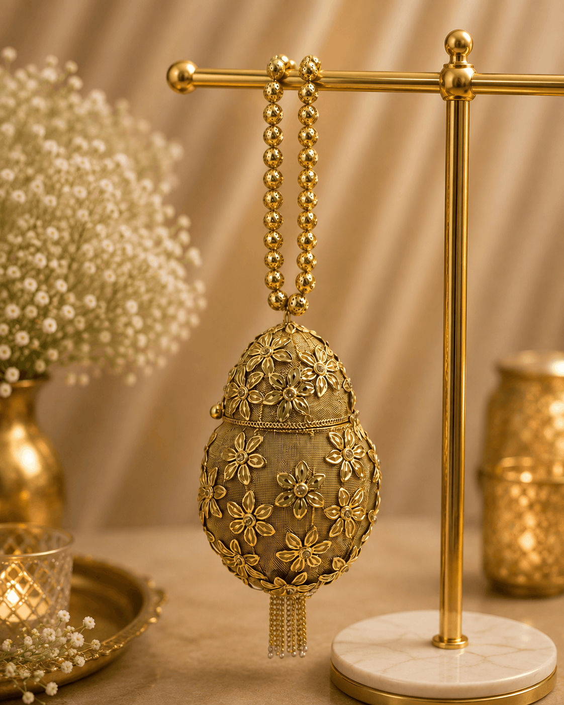 Gold Kiva potli on display stand, teardrop embroidered pouch with bead tassel fringe