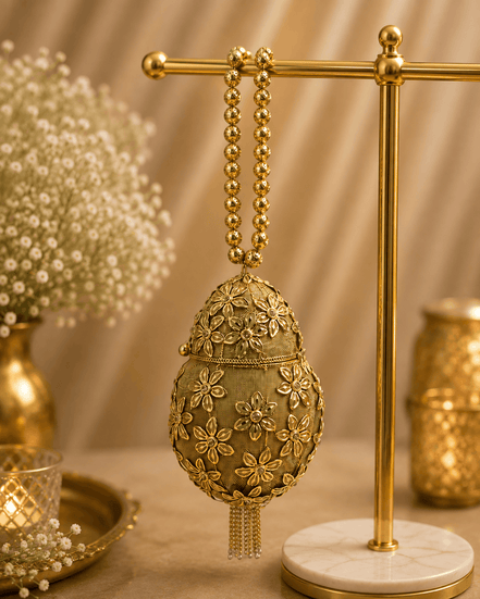 Gold Kiva potli on display stand, teardrop embroidered pouch with bead tassel fringe