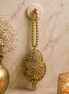 Gold Kiva potli hanging, oval teardrop embroidered pouch with long beaded tassel