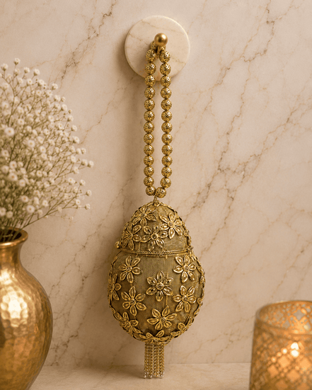 Gold Kiva potli hanging, oval teardrop embroidered pouch with long beaded tassel