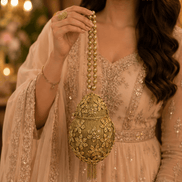 Gold Kiva potli held in hand, floral embroidery teardrop pouch with beaded fringe