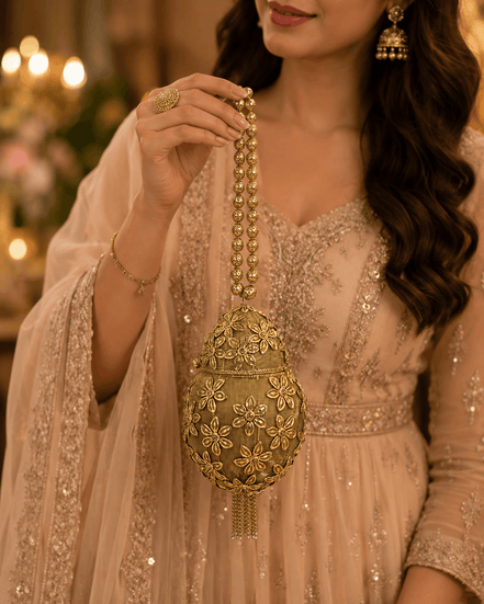 Gold Kiva potli held in hand, floral embroidery teardrop pouch with beaded fringe