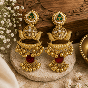 Gold kundan pearl-style jhumka earrings with green teardrop and red stones