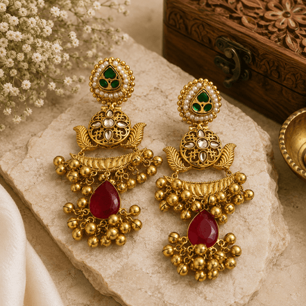 Gold kundan pearl-style jhumka earrings with green and red teardrop stones
