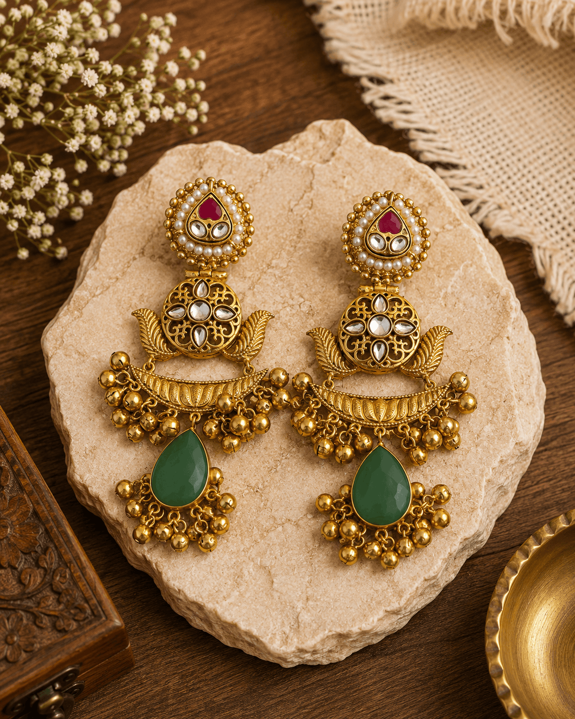 Gold kundan pearl-style jhumka earrings with green and purple teardrop stones