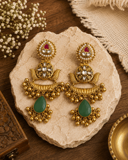 Gold kundan pearl-style jhumka earrings with green and purple teardrop stones